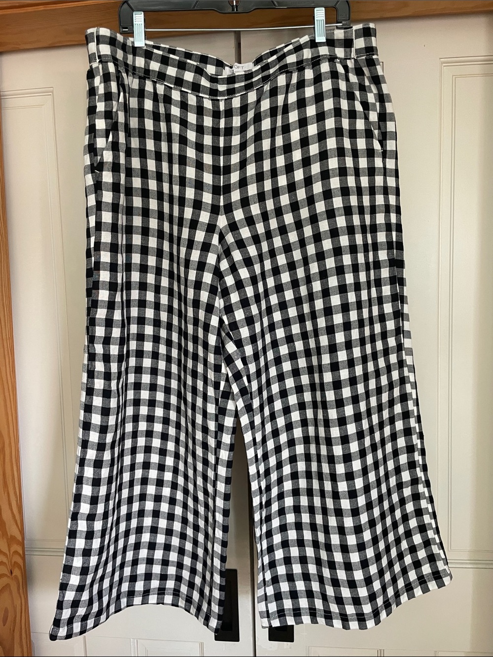 LOFT Black and White Gingham Wide-Leg Skirted Linen Blend Pants Size XL